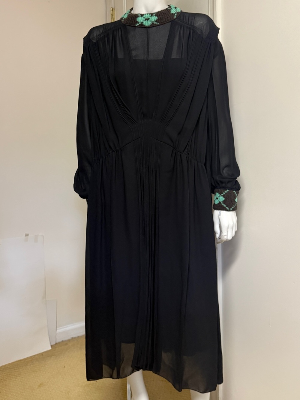 Prada pleated knit-trim midi dress